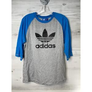 Adidas Shirt Mens Medium Gray Blue Trefoil Logo Raglan 3/4 Sleeve Retro Athletic